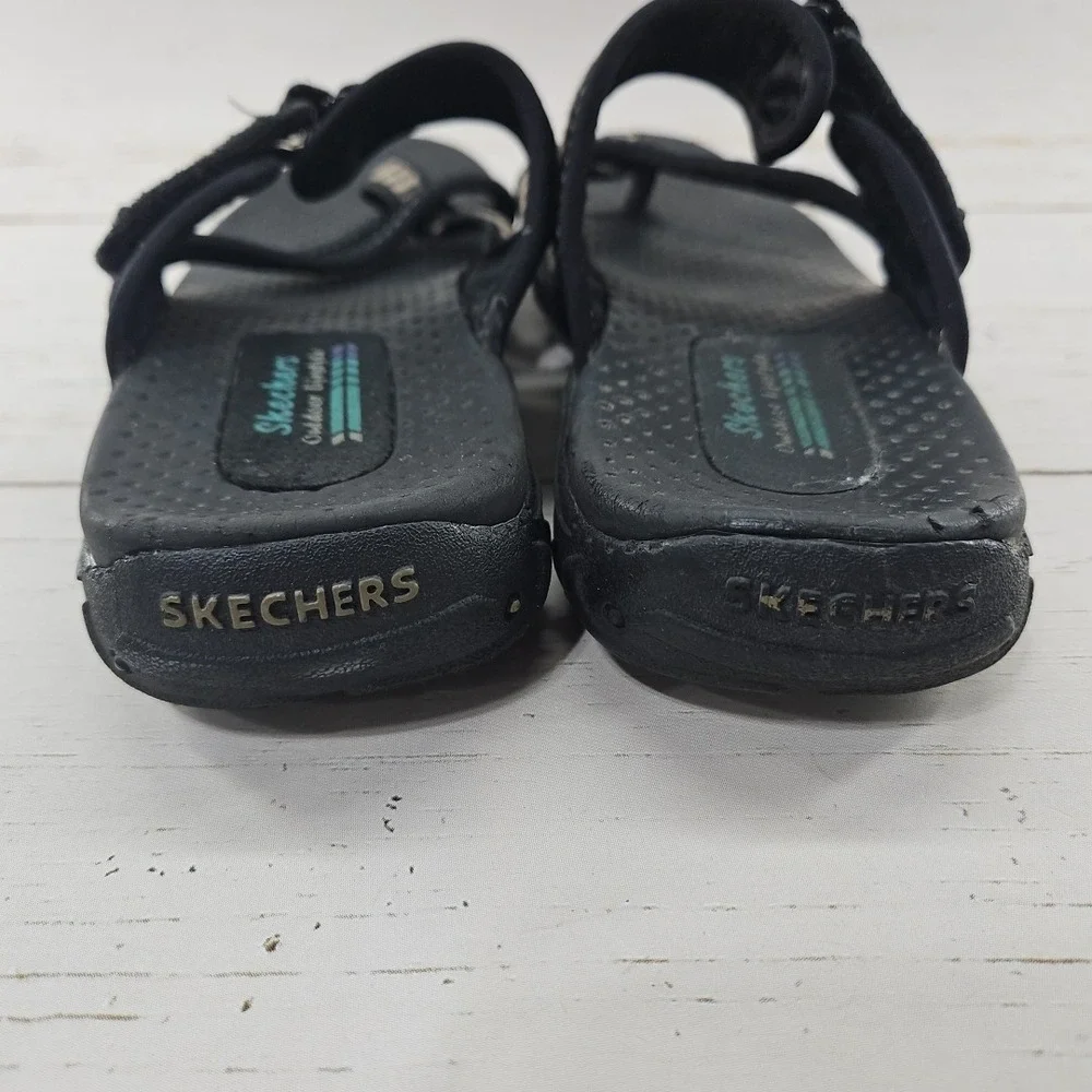 Skechers Reggae Rasta Women 8 Black Tan Flip‎ Flop Thong Sandals Slip On Comfort